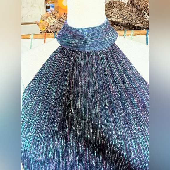 Betsy & Adam Metallic Halter Gown Blue Purple Iridescent Formal Dress - Picture 6 of 16